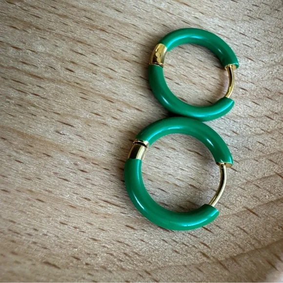 Green Enamel Hoop Earrings with Gold Accents - Picture 4 of 5